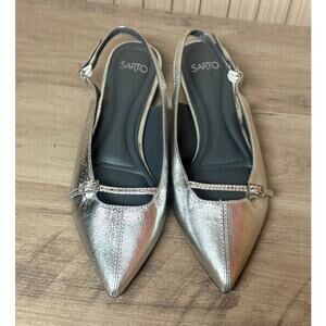 SARTO by Franco Sarto Emma Leather Slingback Pointed Toe Flat Silver Size 7